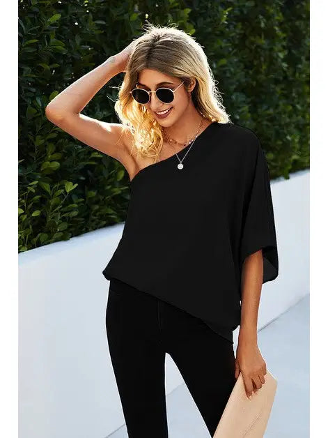 One Shoulder Solid Ruffle Loose Top Black