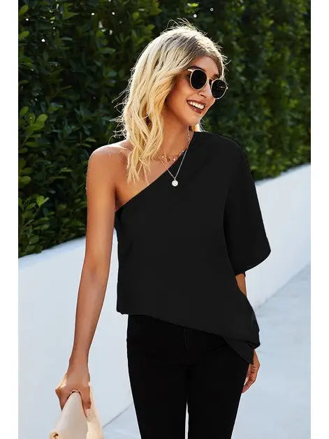 One Shoulder Solid Ruffle Loose Top Black