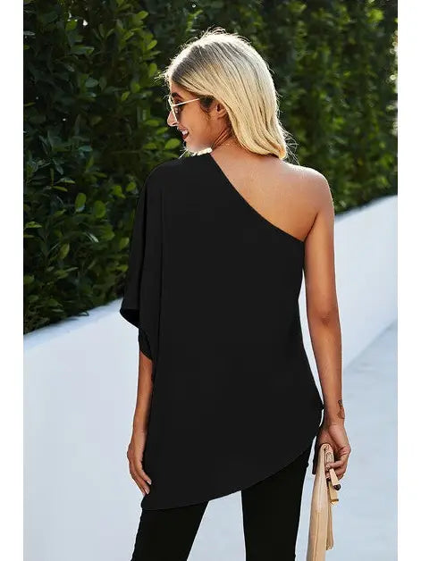 One Shoulder Solid Ruffle Loose Top Black