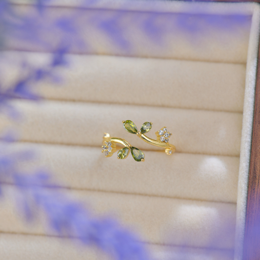 Dainty Gold Green Leaf Stacking Bypass Ring in Solid Copper