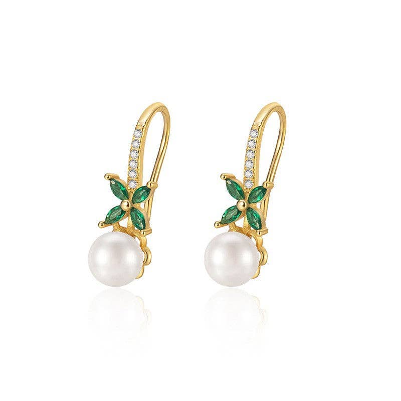 Dainty Green Pearl Drop Hook Earrings in 925 Sterling Silver