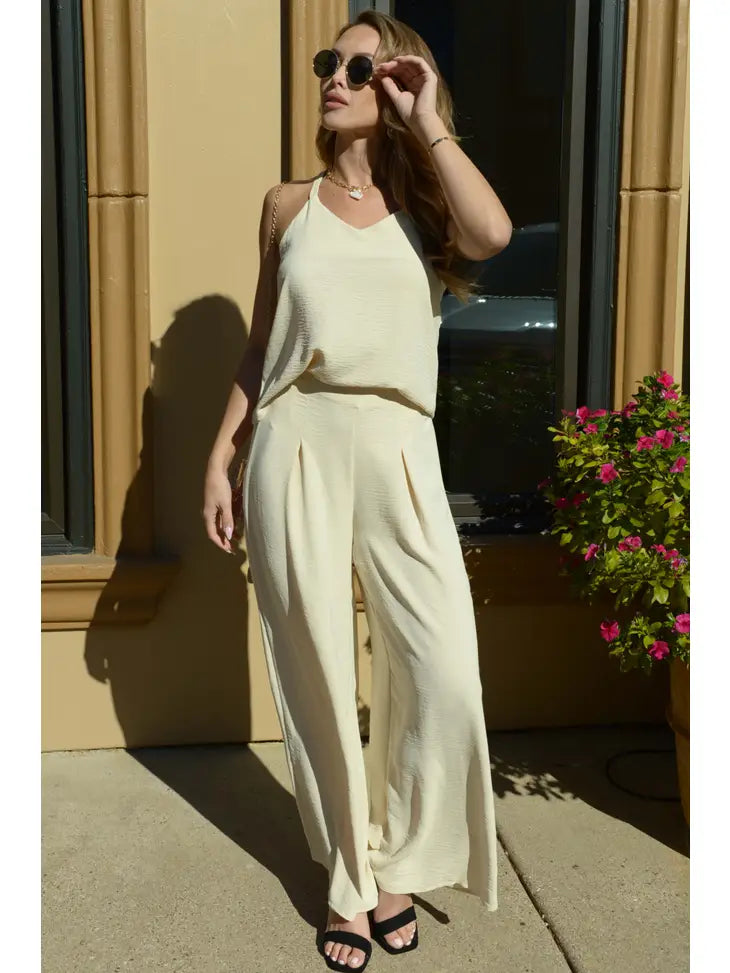 Solid Color Tank Top and Pants Woven Set