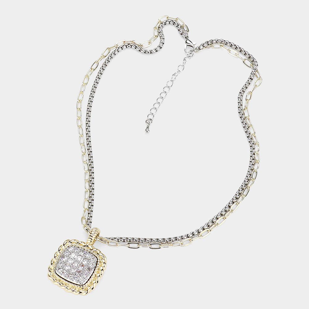 14K Gold Plated CZ Stone Paved Square Pendant Necklace