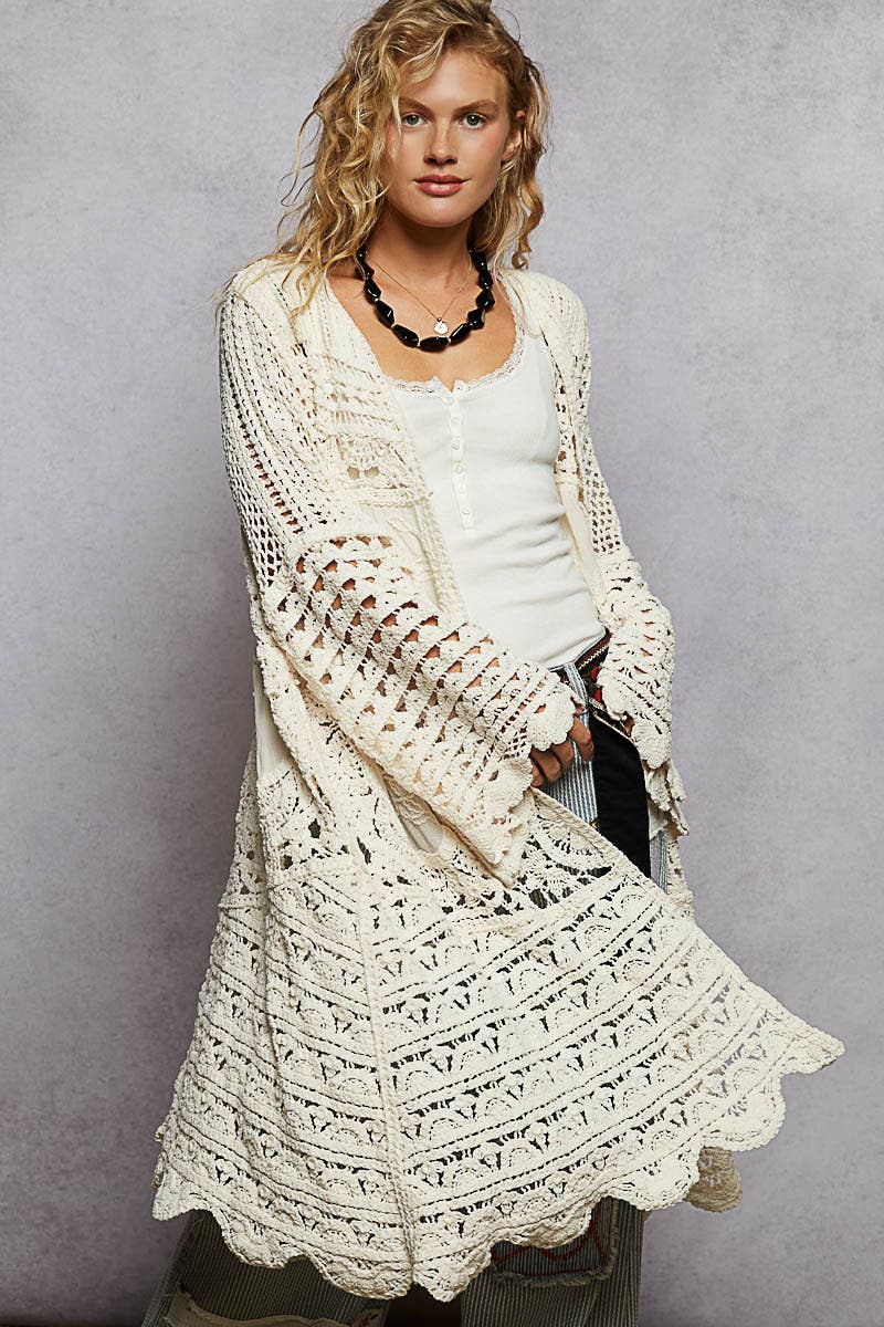 Long sleeve solid chenille crochet cardigan