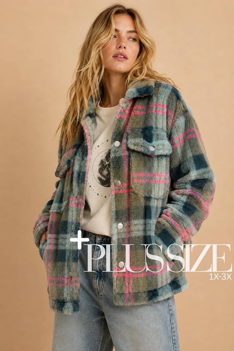 PLUS SIZE Fuzzy Plaid Button Up Jacket