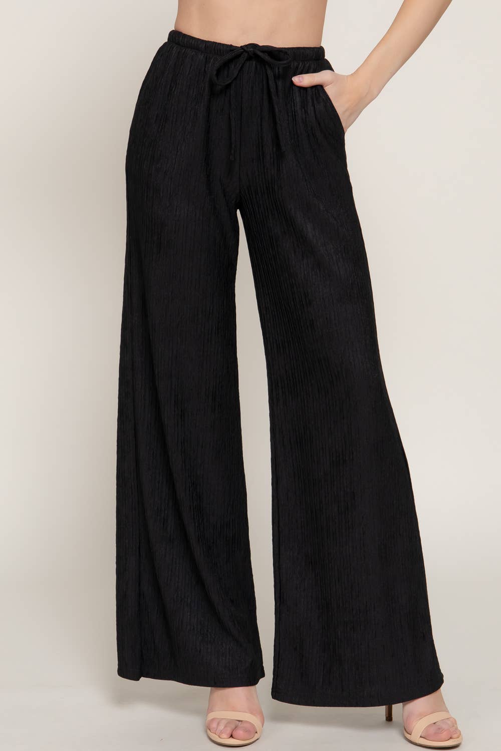 Waistband Crinkle Knit Long Pants w/ Pockets