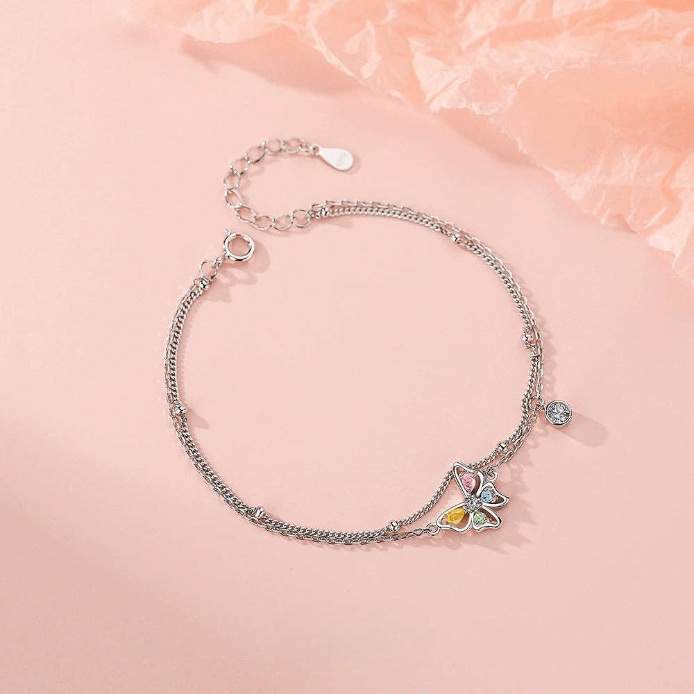 Butterfly Bead Double Chain Bracelet in 925 Sterling Silver