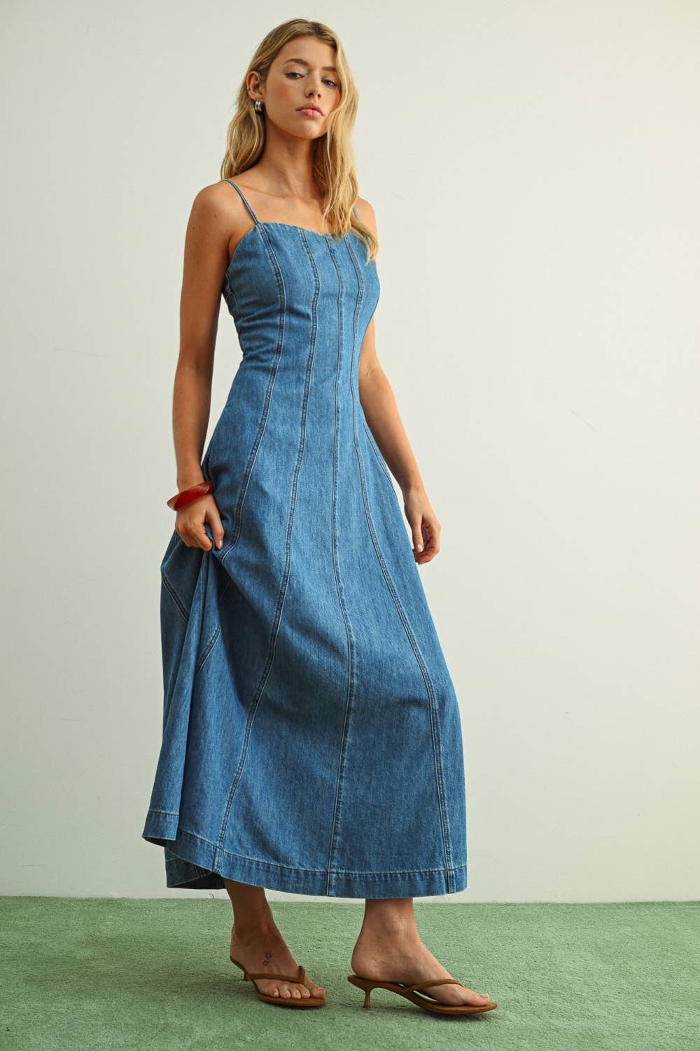 PANELED MAXI WASHED DENIM DRESS