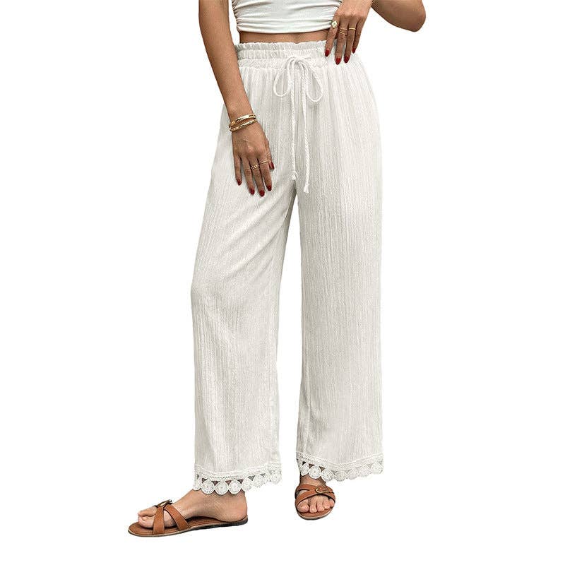 Textured Wide Leg Pants Lace Hem Casual Resort Pants