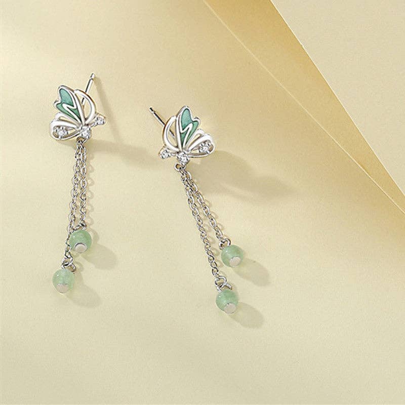 Green Butterfly Dangle Drop Earrings in 925 Sterling Silver