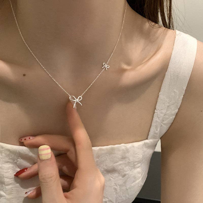 Dainty Double Bow Tie Charm Necklace in 925 Sterling Silver