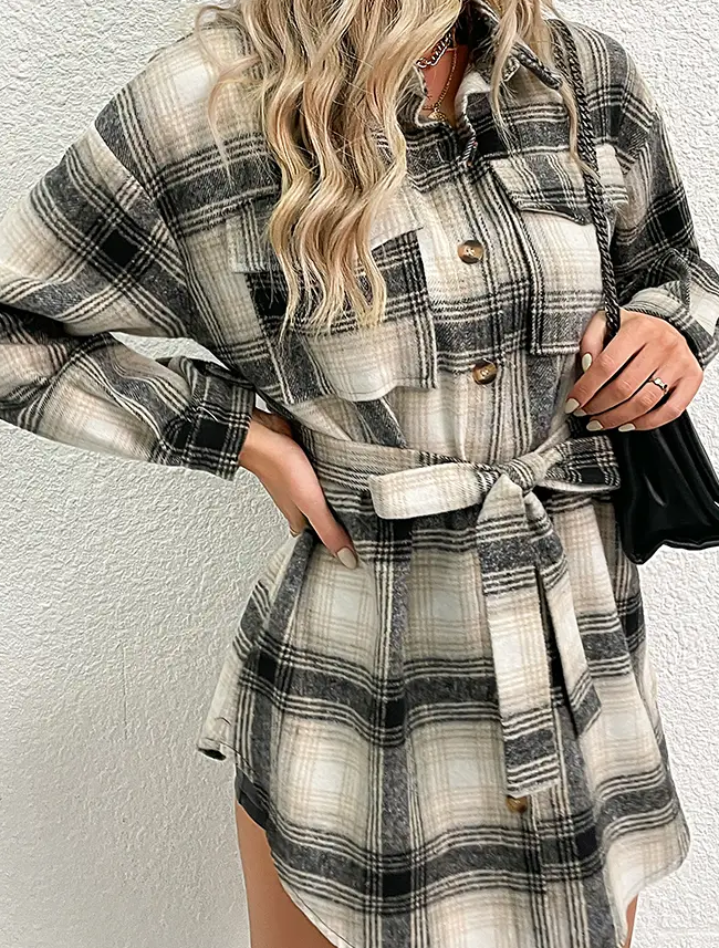 Black with Khaki Plaid Pocketed Oversize Shackets