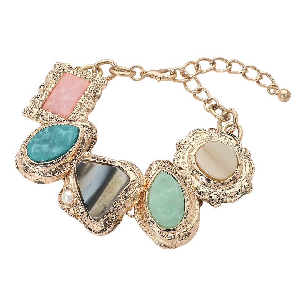 Bold Mixed Vintage Frame Stone Charm Link Statement Bracelet
