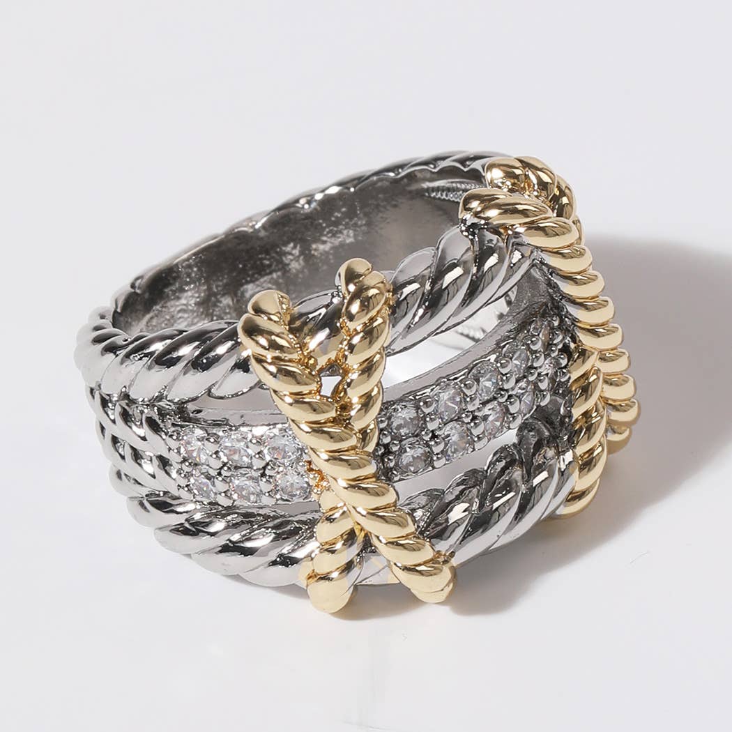 CZ Rope Texture Multi Layered Gold Plated Ring