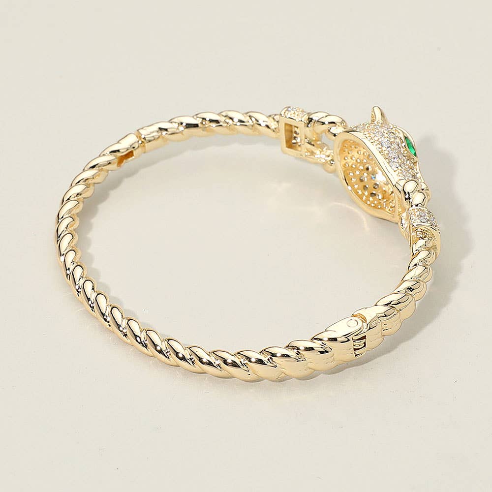CZ Stone Paved Leopard Panther Head Accent Hinged Bangle Bracelet