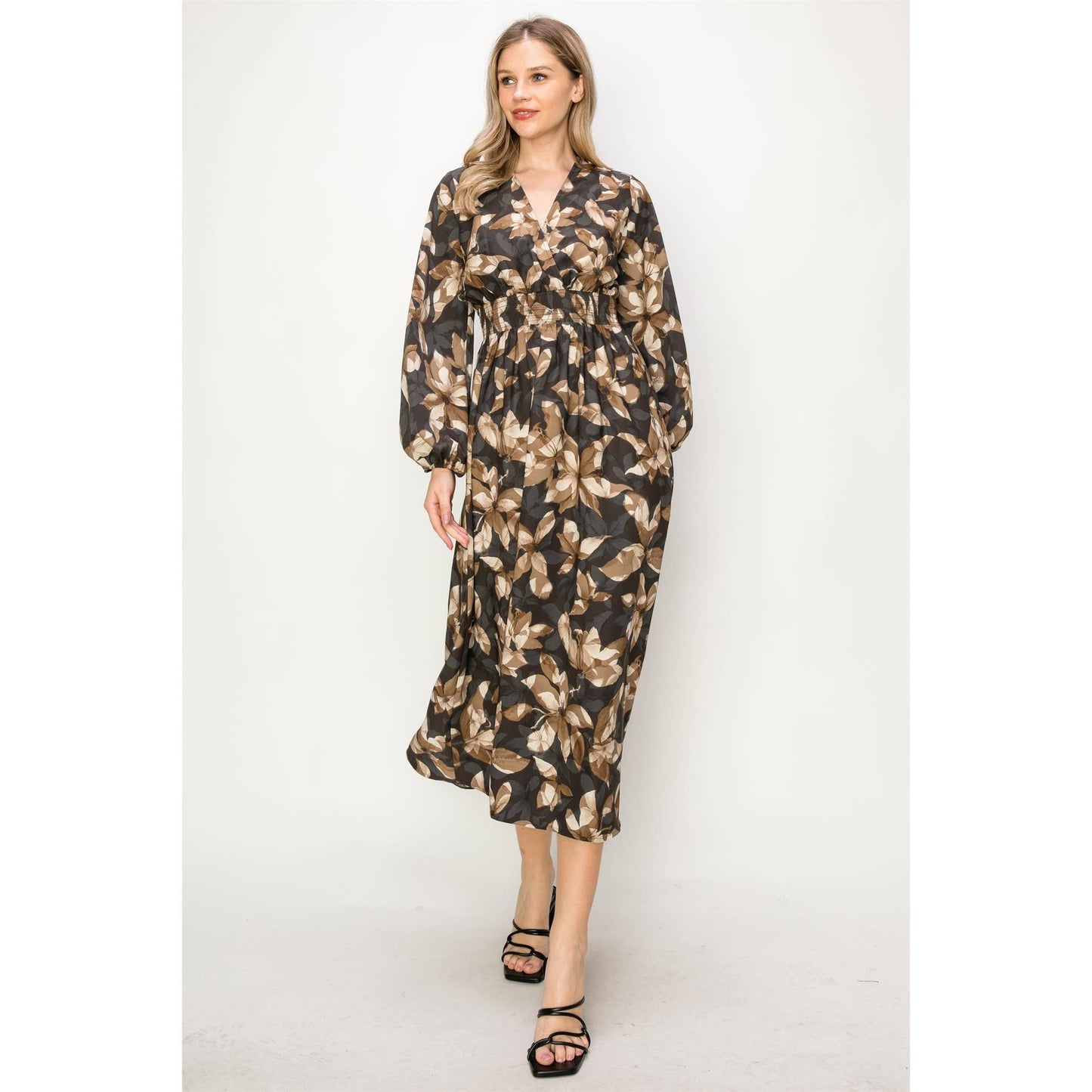 SATIN FLORAL LONG SLEEVE STRETCH WAIST MAXI DRESS