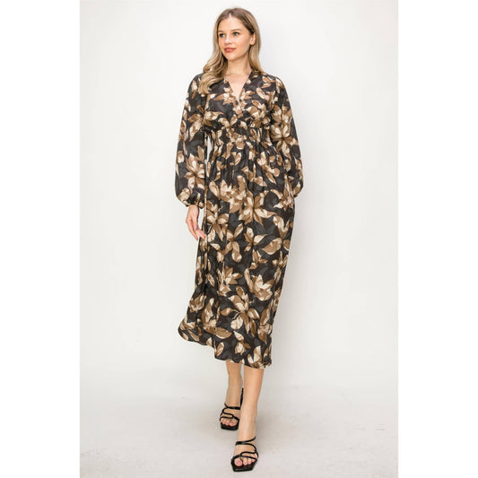 SATIN FLORAL LONG SLEEVE STRETCH WAIST MAXI DRESS