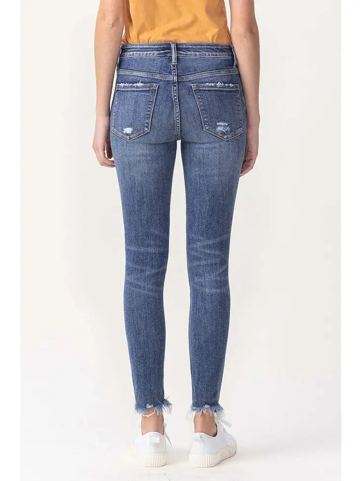 Mid Rise Ankle Skinny Jeans with Frayed Hem Detail