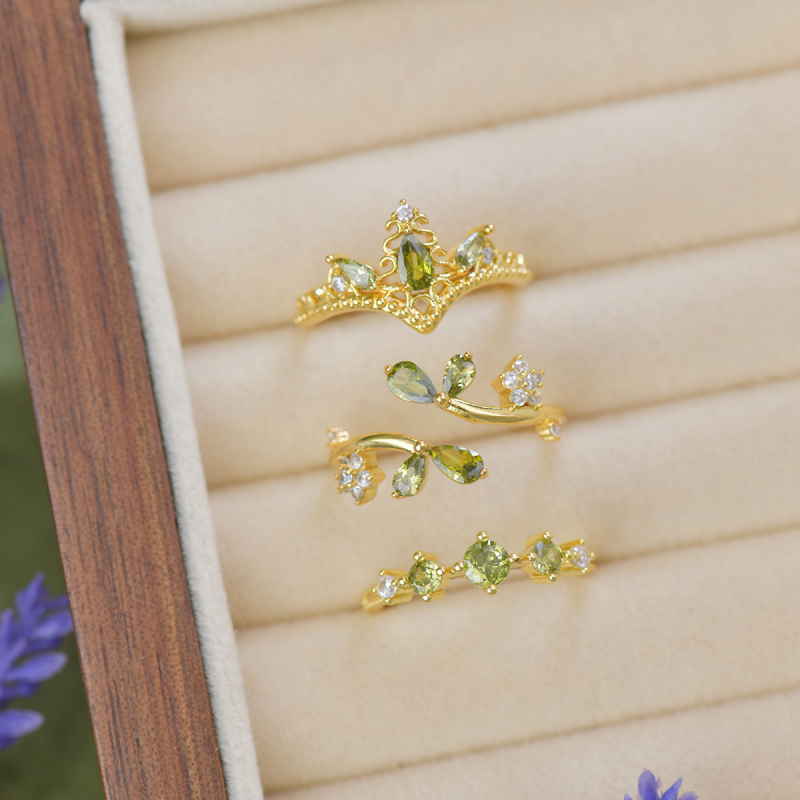 Dainty Gold Green Leaf Stacking Bypass Ring in Solid Copper