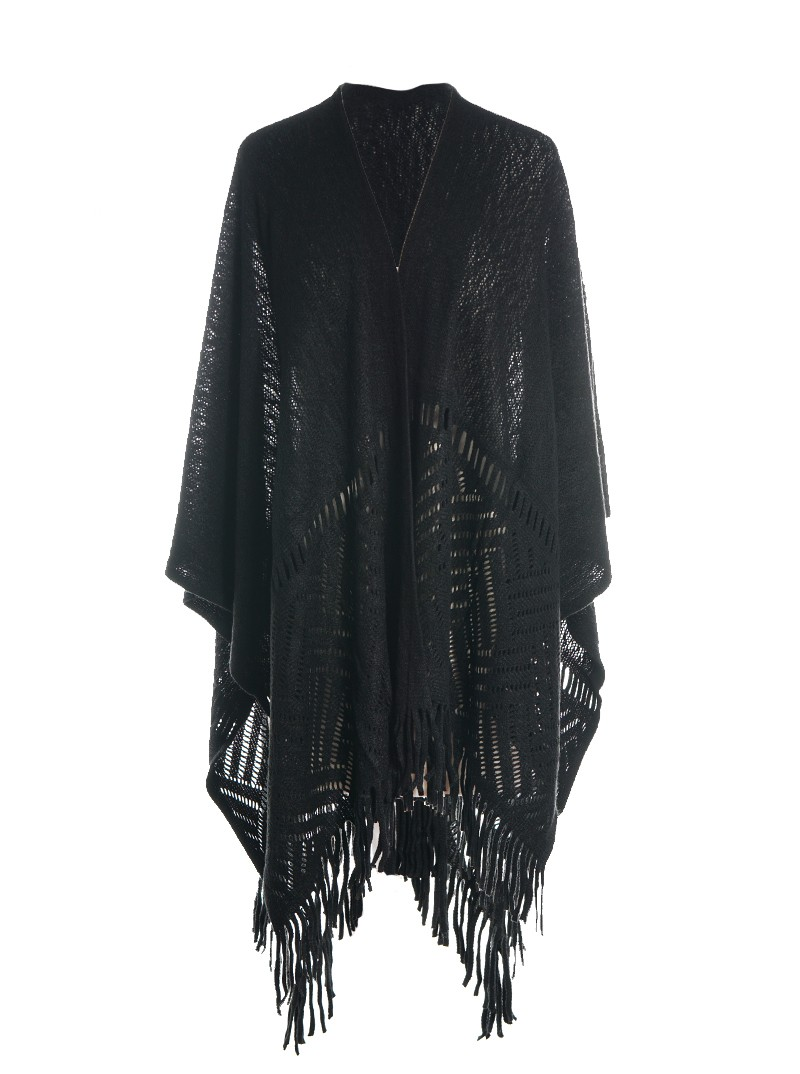 Geo Open Knit Ruana Fringe Winter Wrap