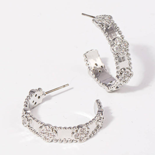 CZ Clover 14K Plated Hoop Post Earrings