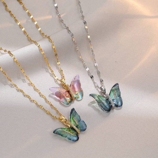Colorful Butterfly Pendant Necklace in Stainless Steel