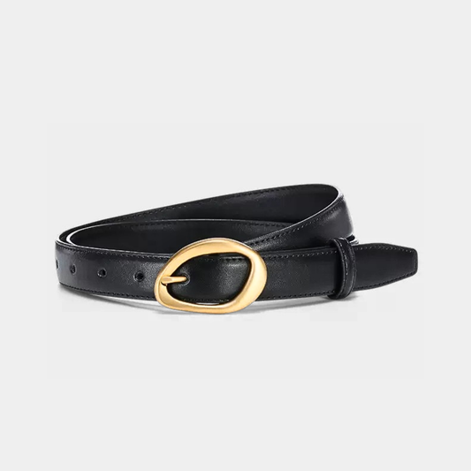 Gold Oval Buckle Leather Waist Belt in Genuine Calf Leather