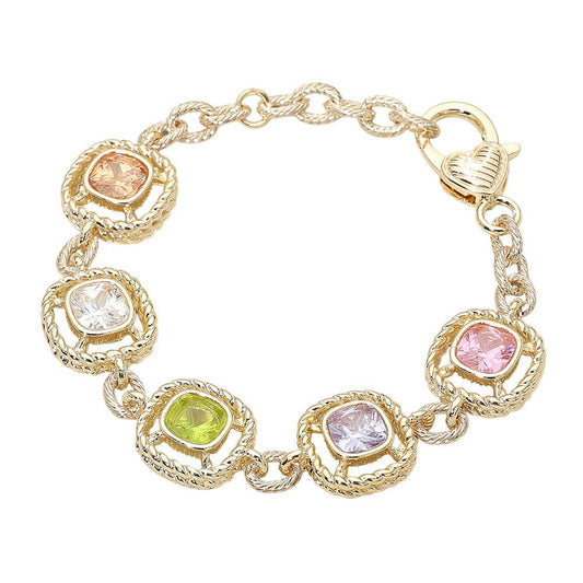14K Gold Plated Multi Color Square CZ Stone Cushion Link Bracelet