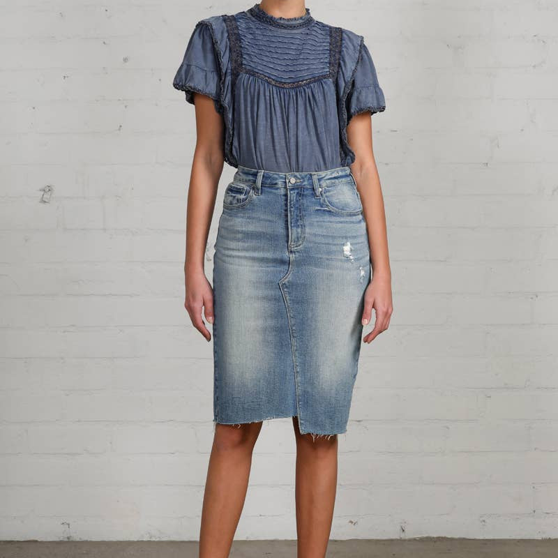 High Rise Stretch Raw Hem Knee Length Denim Skirt