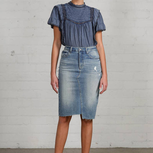 High Rise Stretch Raw Hem Knee Length Denim Skirt