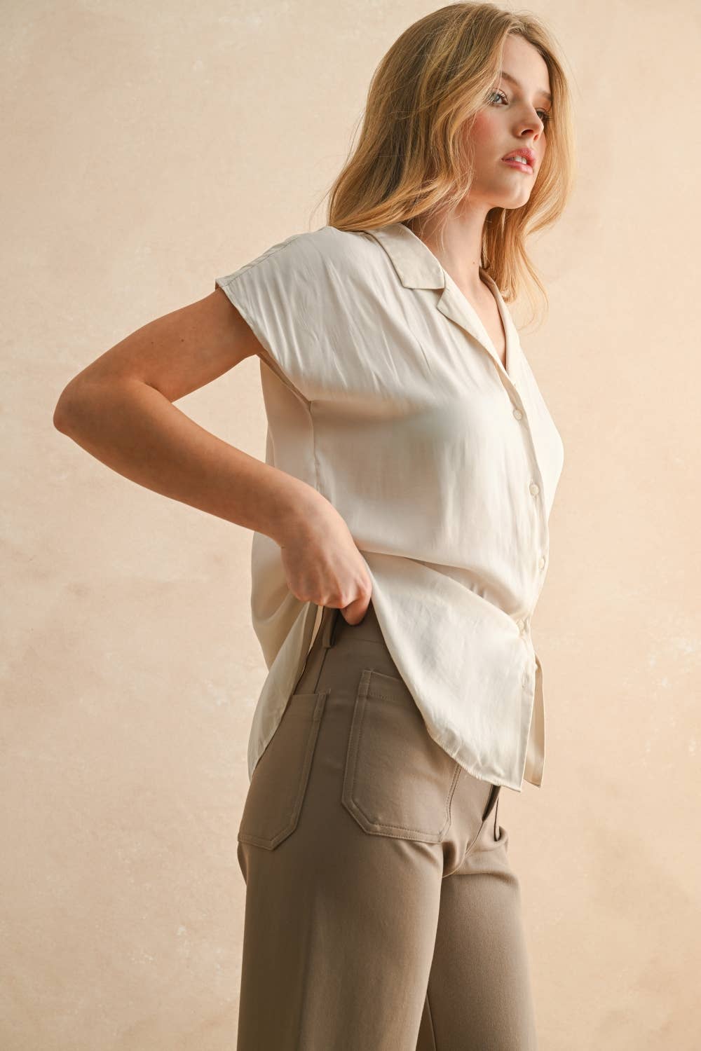 BUTTON DOWN CAP SLEEVE SHIRTS
