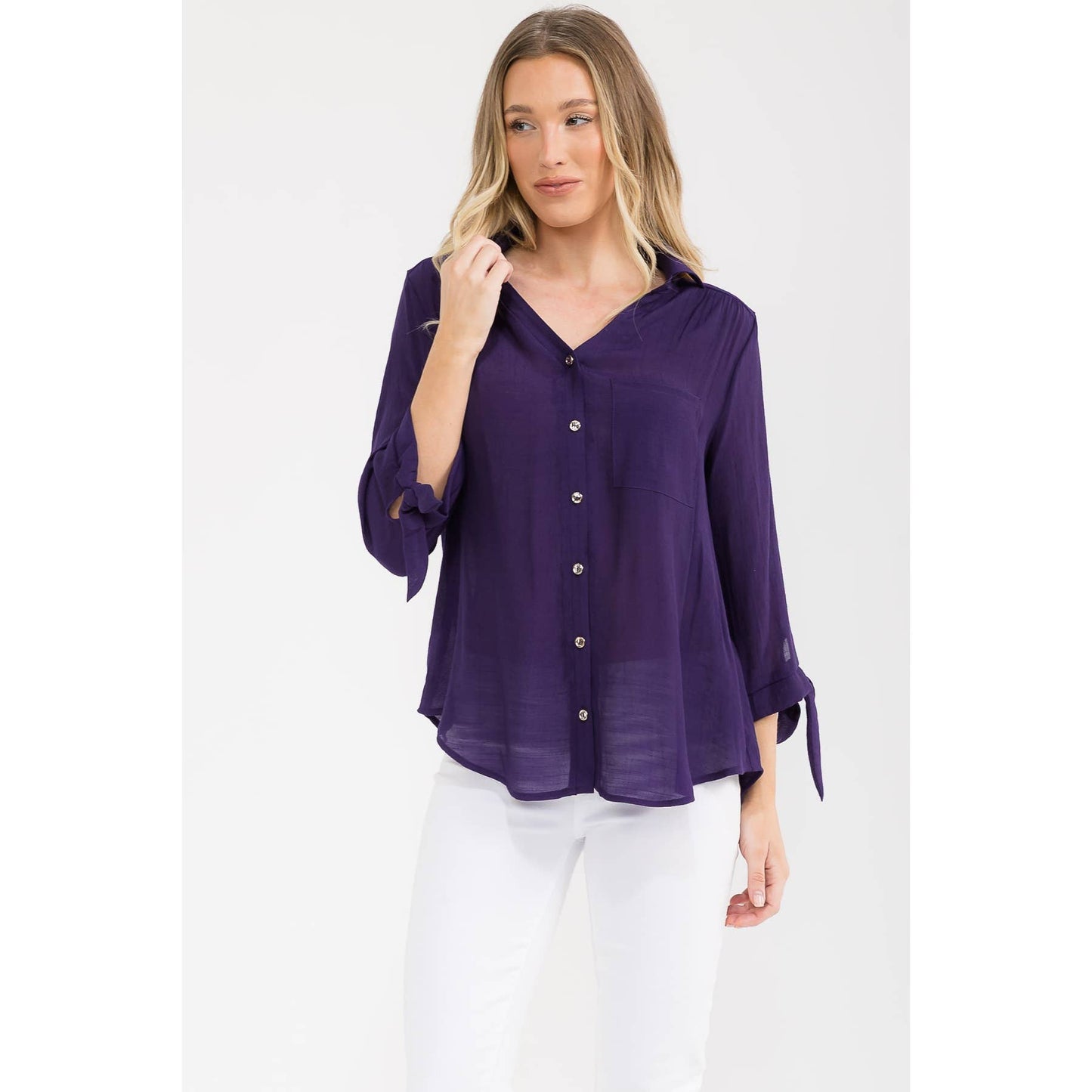 PAPAYA GAUZE COLLAR TIE SLEEVE SHIRT
