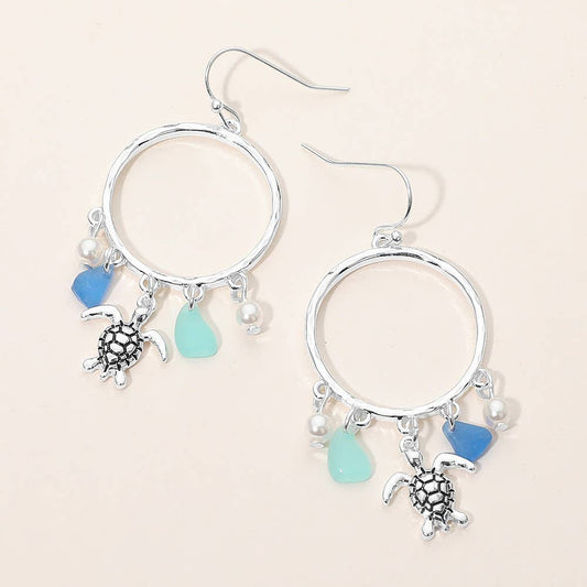 Sea Turtle Sea Glass Charm Drop Open Ring Dangle Earrings