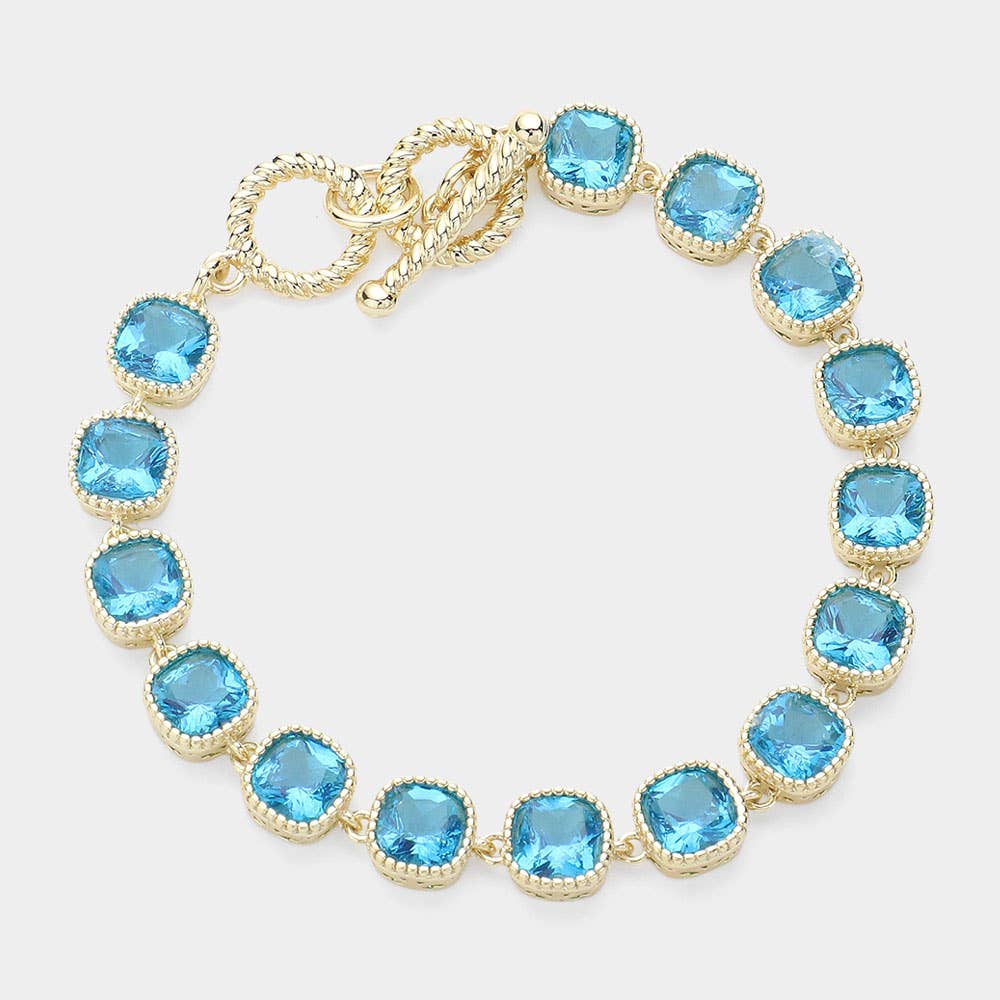 14K Gold Plated Square CZ Stone Link Evening Toggle Bracelet