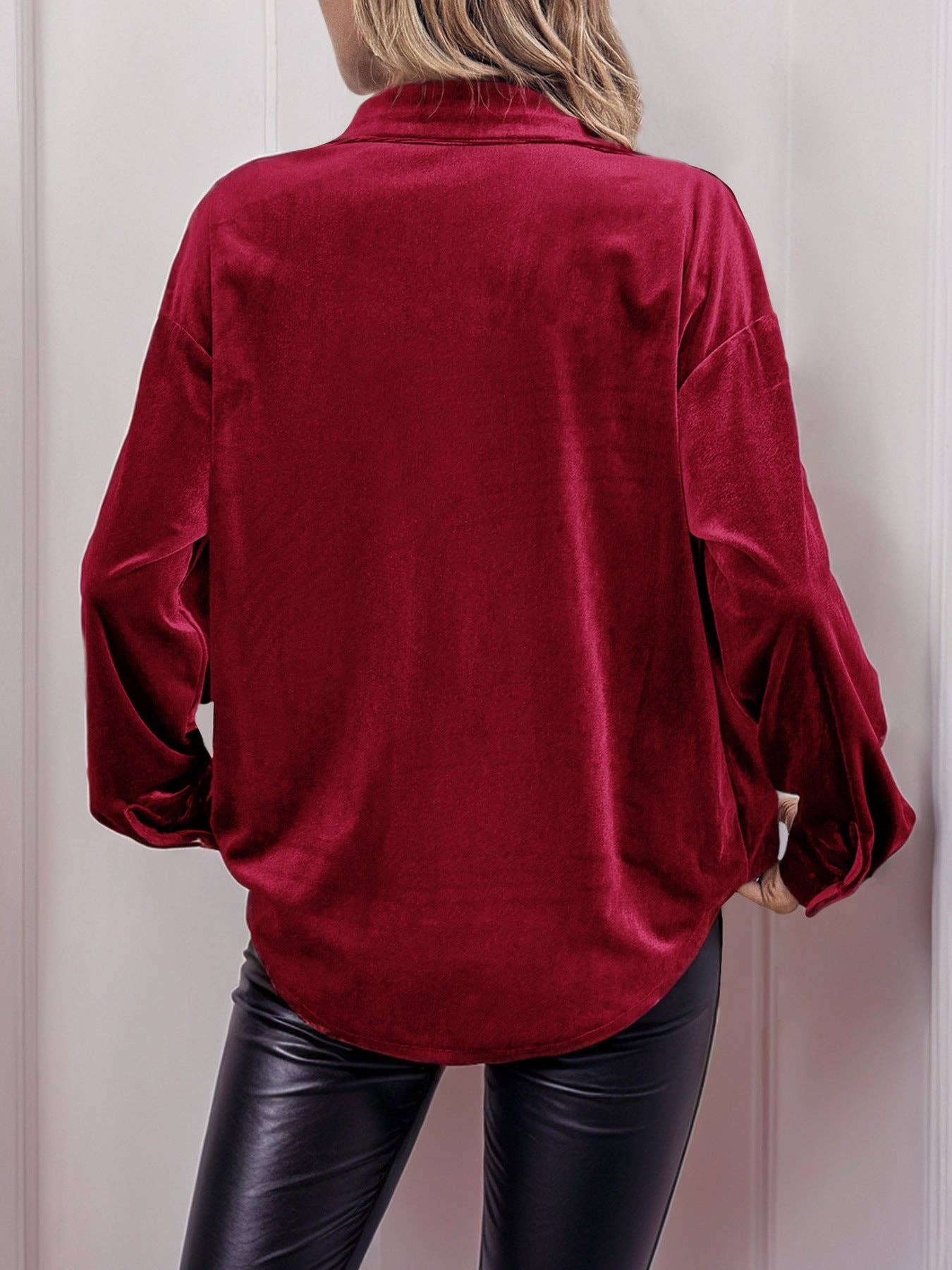 Solid Velvet Button-Up Lantern Sleeve Collared Blouse