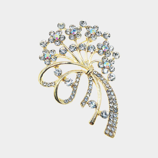Rhinestone Flower Bouquet Bow Pin Brooches