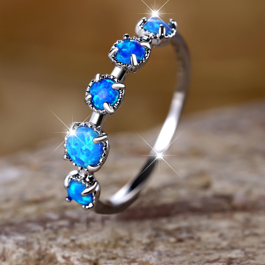 Round Blue Opal Cabochon Stacking Band Ring in Solid Copper