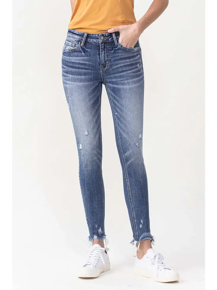 Mid Rise Ankle Skinny Jeans with Frayed Hem Detail