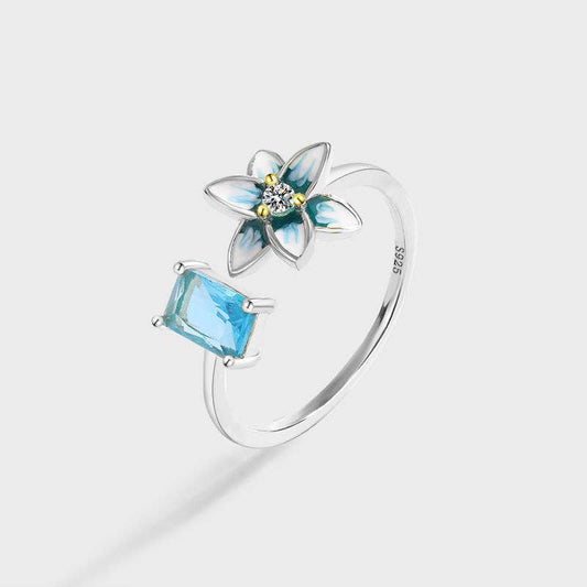 Blue Enamel Flower Stacking Band Ring in 925 Sterling Silver