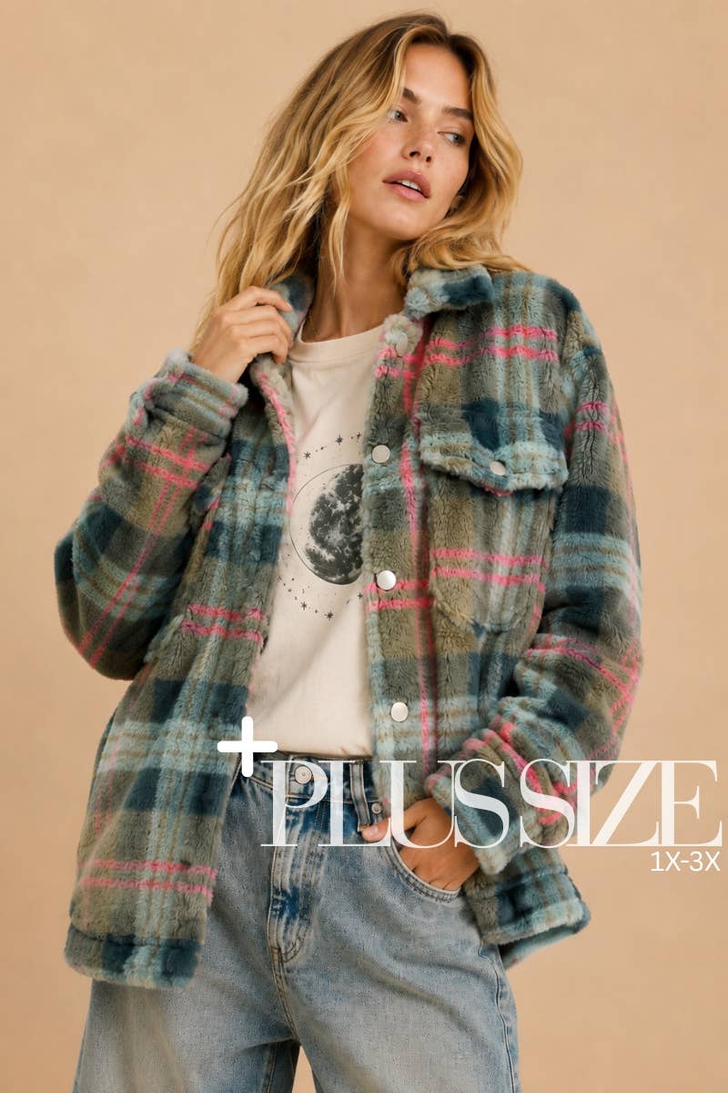 PLUS SIZE Fuzzy Plaid Button Up Jacket