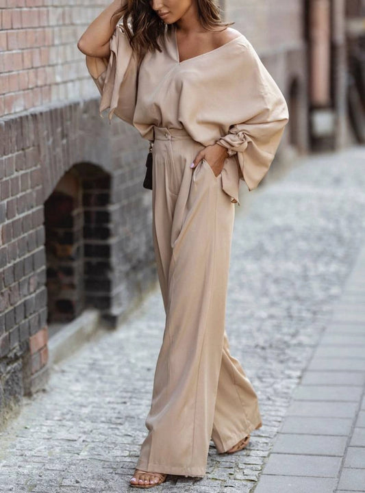 Stylish V-Neck Lace-Up Trouser Set