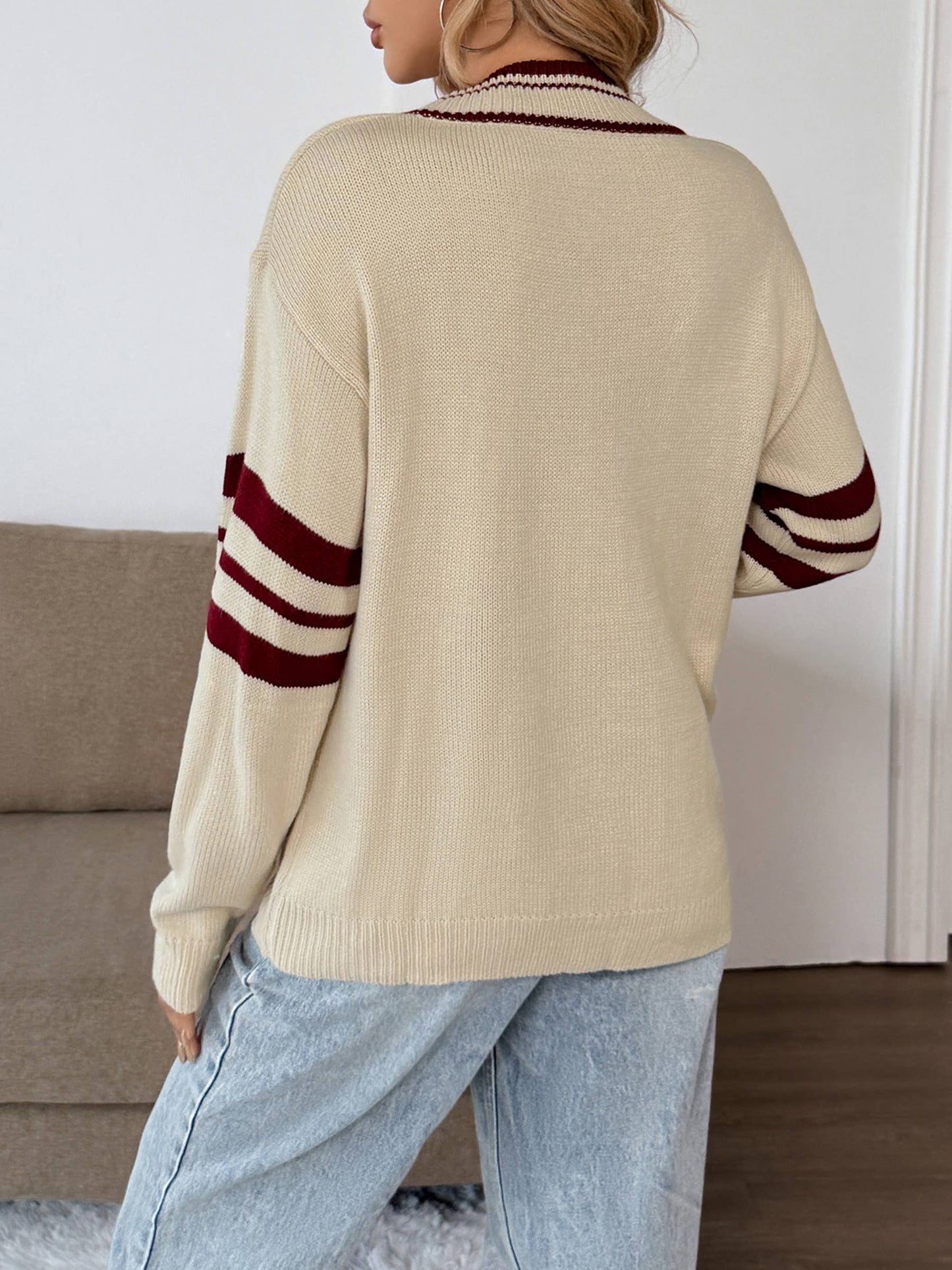 Loose Long Sleeved Striped V-neck Sweater