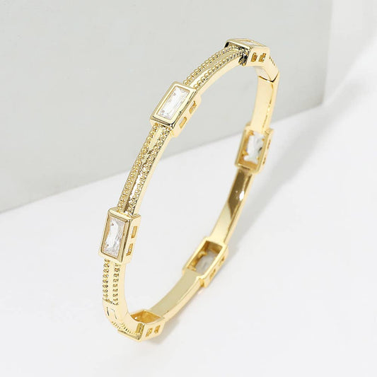 14K Gold Plated Geometric Rectangular CZ Stone Link Hinged Bangle Bracelet