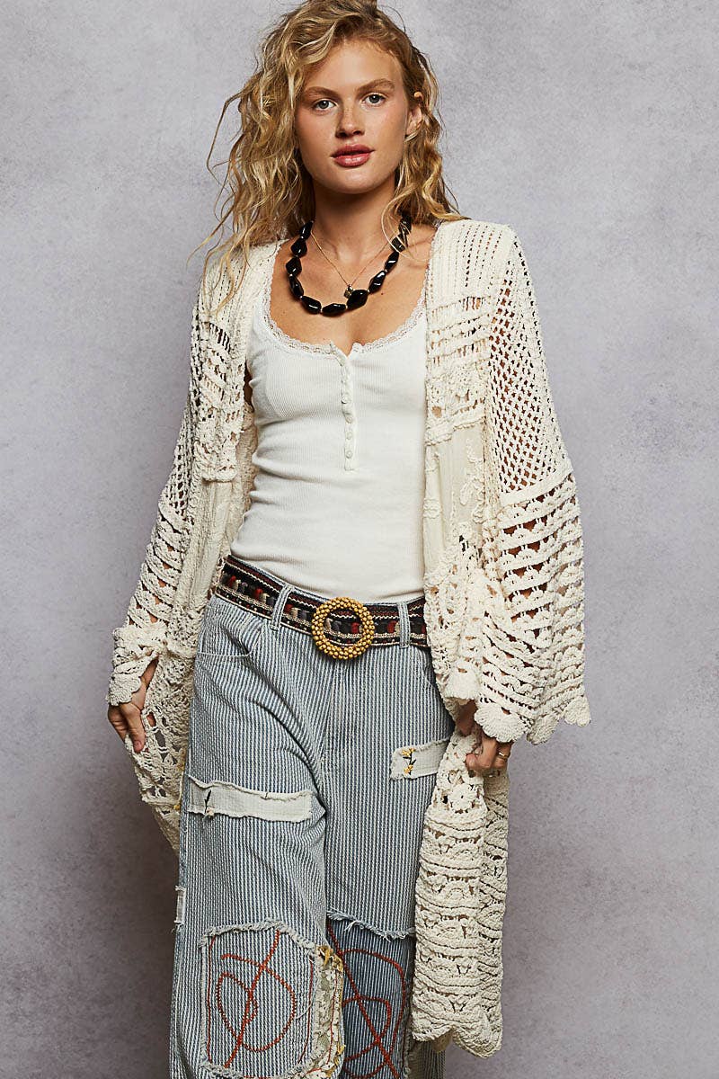 Long sleeve solid chenille crochet cardigan