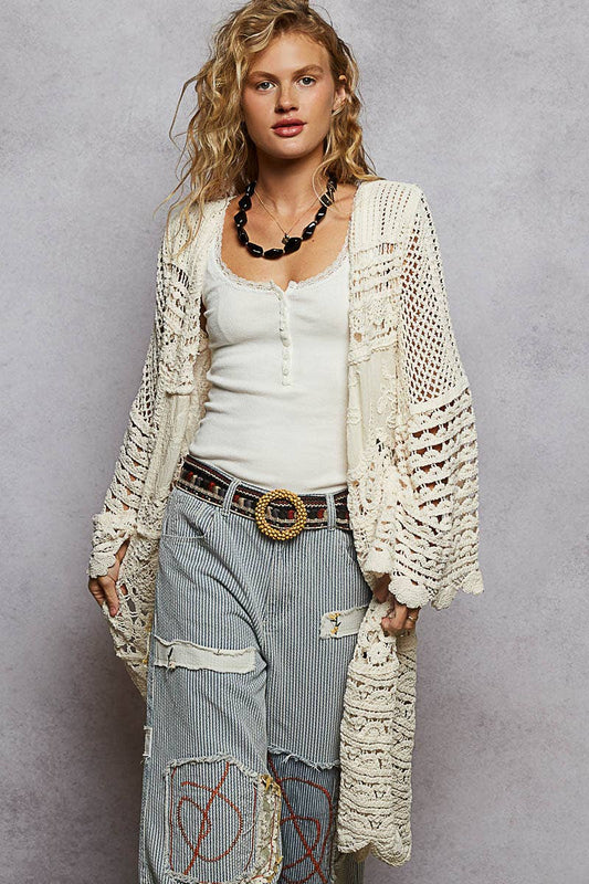 Long sleeve solid chenille crochet cardigan