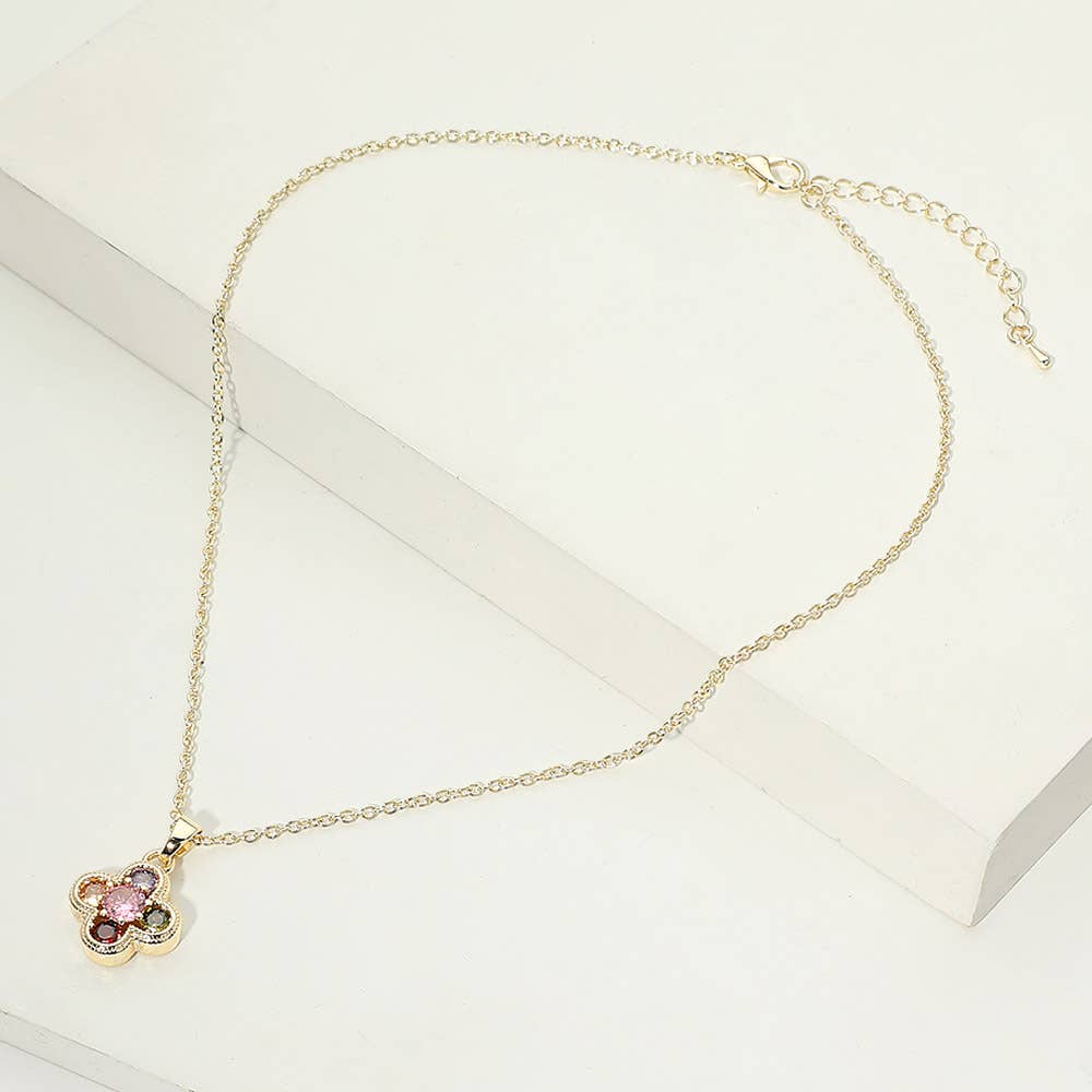 14K Gold Plated Colorful CZ Stone Quatrefoil Pendant Necklace
