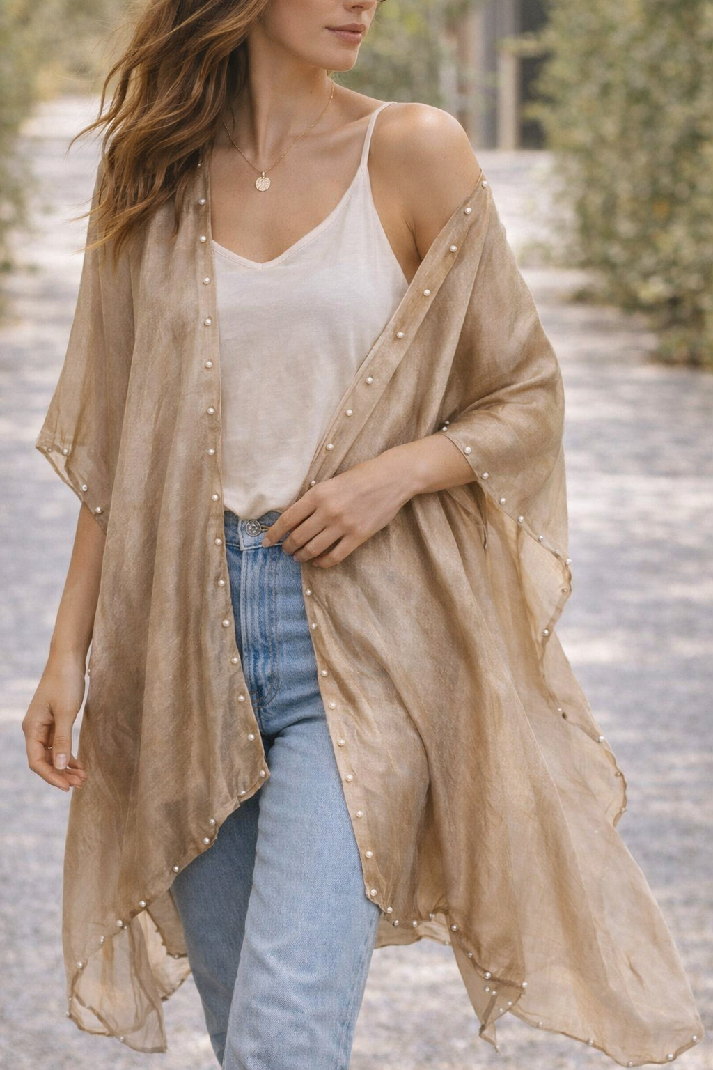 Airy Pearl-Trim Silk-Blend Layering Kimono Cover-Up