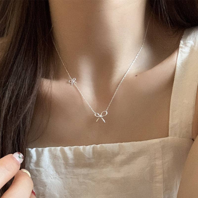 Dainty Double Bow Tie Charm Necklace in 925 Sterling Silver