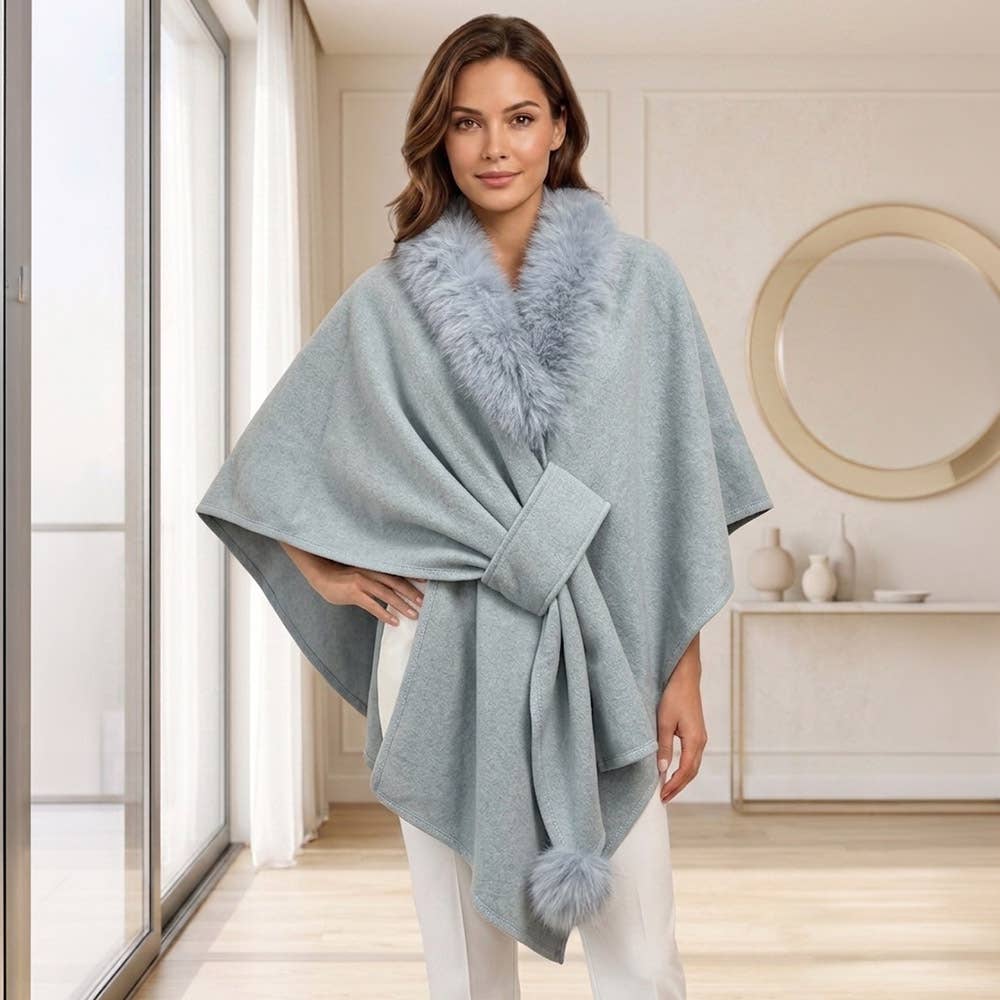Faux Fur Collar Pom Pom Trim Wrap Cape Coat Poncho