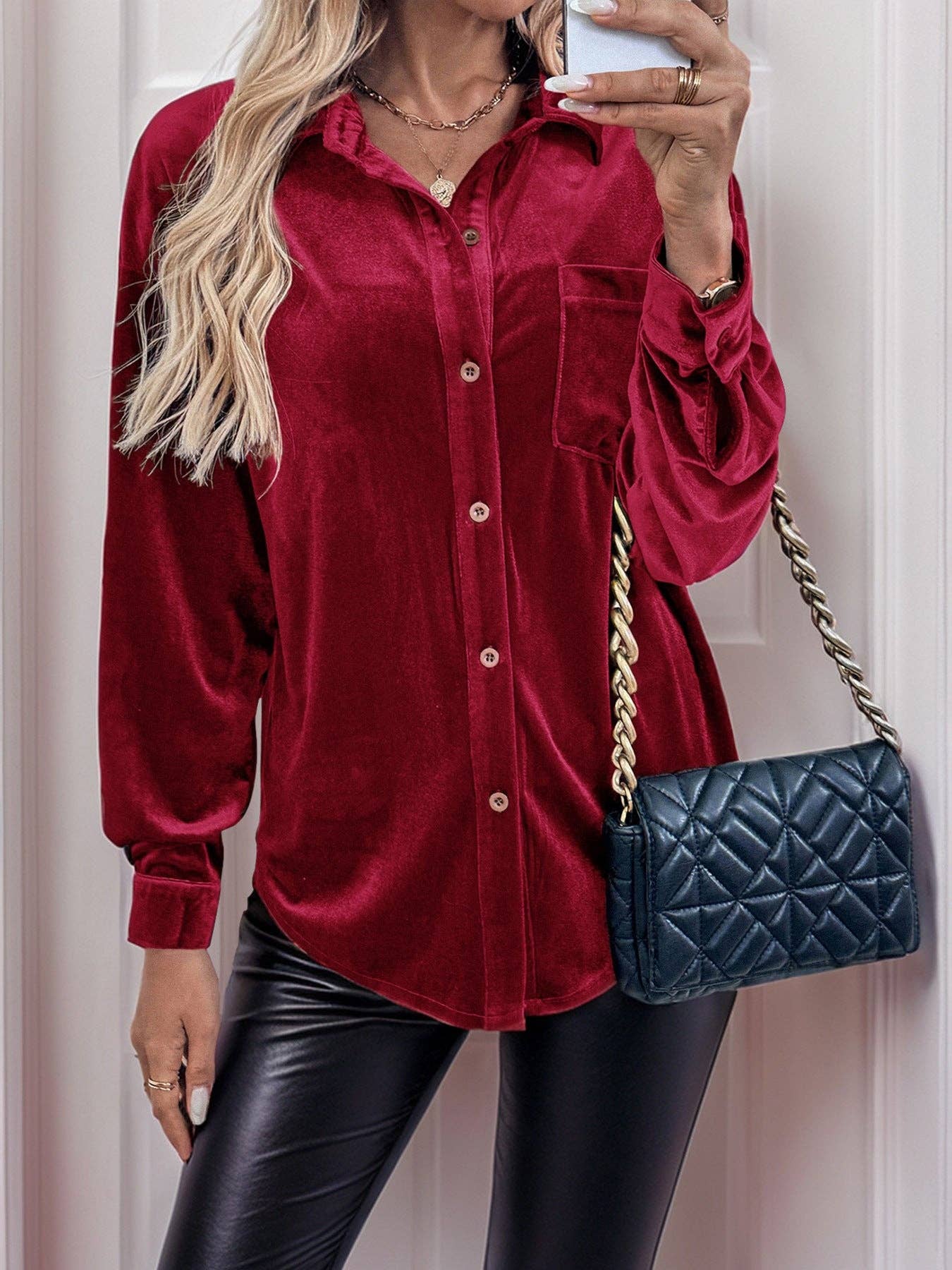 Solid Velvet Button-Up Lantern Sleeve Collared Blouse